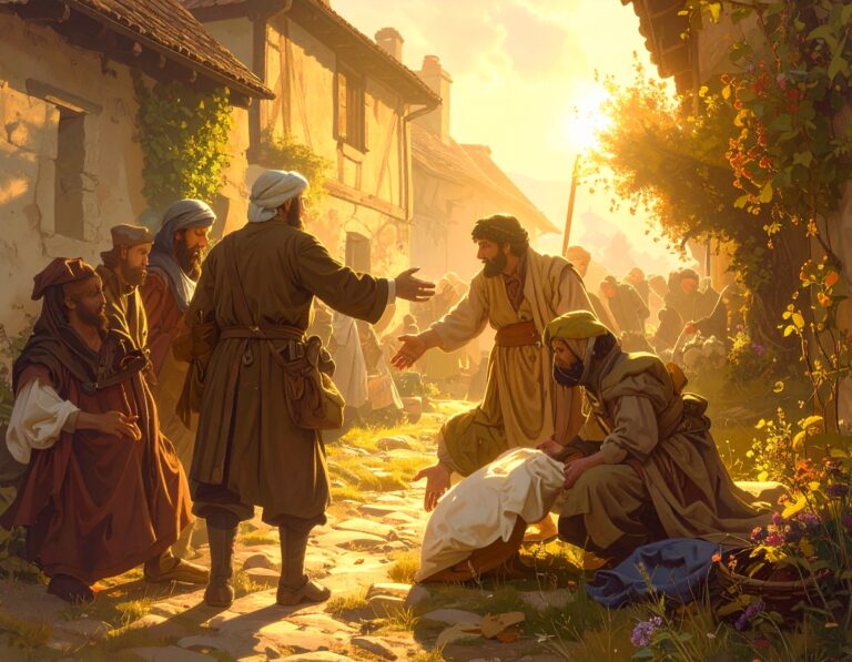 Illustration d’une scène historique représentant l’entraide dans un village ancien : des hommes en vêtements traditionnels se soutiennent et échangent dans une ruelle ensoleillée. Cette image évoque les valeurs fondatrices de la mutualité, de la solidarité et de l’aide communautaire.