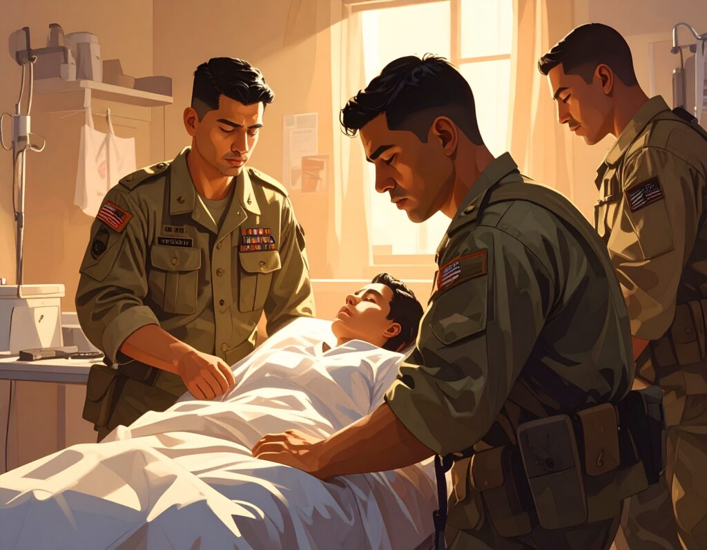 Scène illustrée dans un hôpital : plusieurs militaires en uniforme entourent un patient allongé sur un lit médicalisé. Ils veillent attentivement sur lui, dans une atmosphère calme et solidaire, évoquant les premiers dispositifs de prise en charge et de protection sociale des blessés.