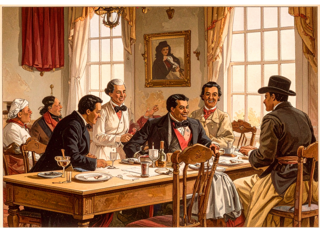 Scène d’intérieur à la fin du XIXᵉ siècle : plusieurs hommes en costumes d’époque sont réunis autour d’une grande table pour une discussion collective, évoquant une réunion fondatrice. La table est dressée avec des verres et des documents, la pièce est éclairée par de grandes fenêtres et décorée d’un portrait, créant une atmosphère solennelle et collaborative.