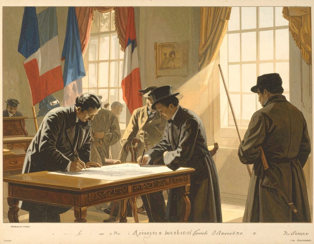 Scène historique à la fin du XIXᵉ siècle : plusieurs hommes vêtus de manteaux et de chapeaux signent un document sur une grande table en bois, dans un bureau officiel éclairé par la lumière du jour. Des drapeaux français sont visibles à l’arrière-plan, évoquant un contexte républicain et solennel.
