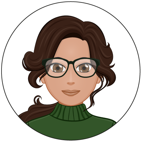Avatar Karima : Karima est brune. Elle porte des lunettes de vue, elle à les yeux marron, et un pull de couleur vert foncé.