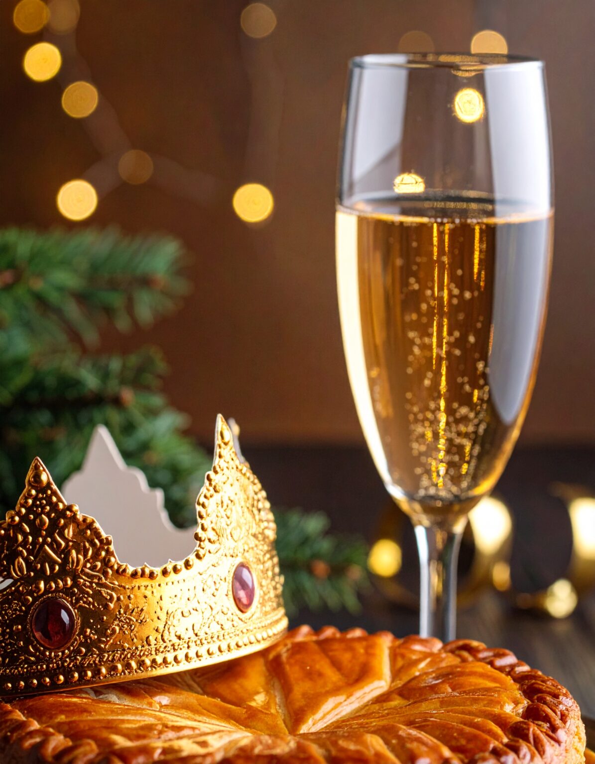 Galette des rois dorée surmontée d’une couronne royale, accompagnée d’une flûte de champagne, avec des décorations lumineuses et un sapin en arrière-plan, évoquant une ambiance festive et élégante.