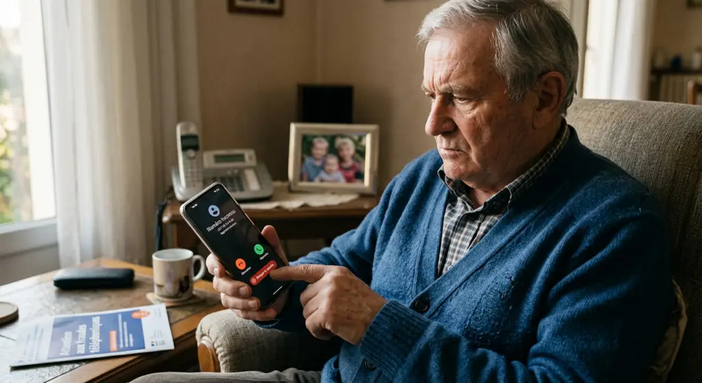 Un homme âgé refuse de répondre à un appel provenant d’un numéro inconnu. Prévention des escroqueries et des fraudes avec le concept de smartphone. on voit le téléphone et le bouton pour bloquer le numéro de téléphone.
