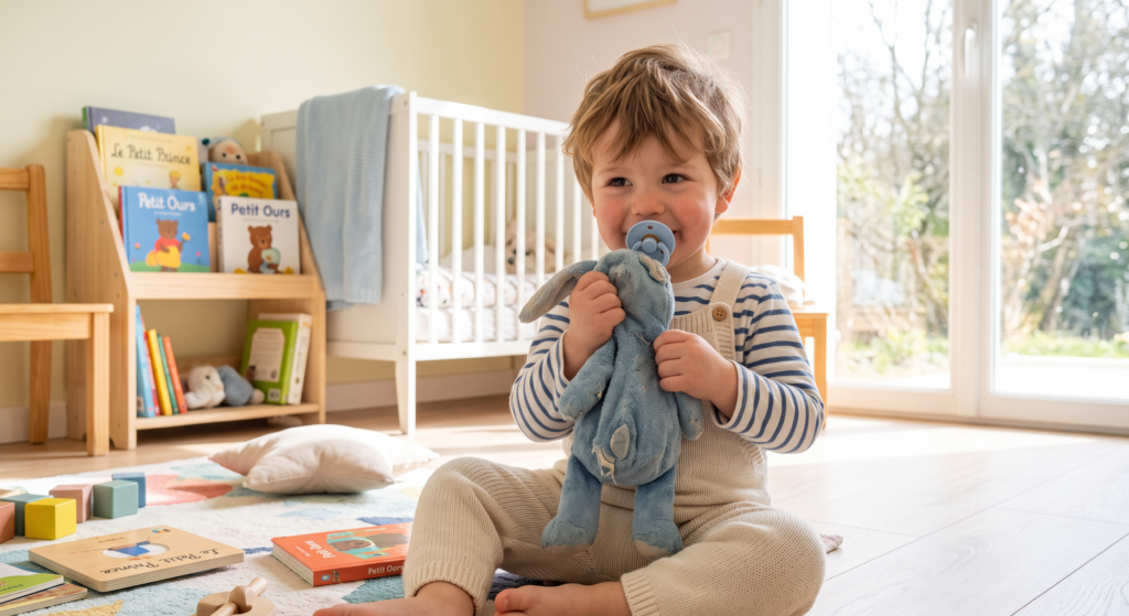 Un enfant est dans sa chambre et se rassure en tenant son doudou dans ses mains.