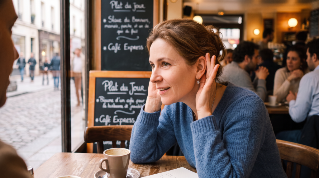 La dame se trouve dans un café et a des difficultés à entendre son voisin.